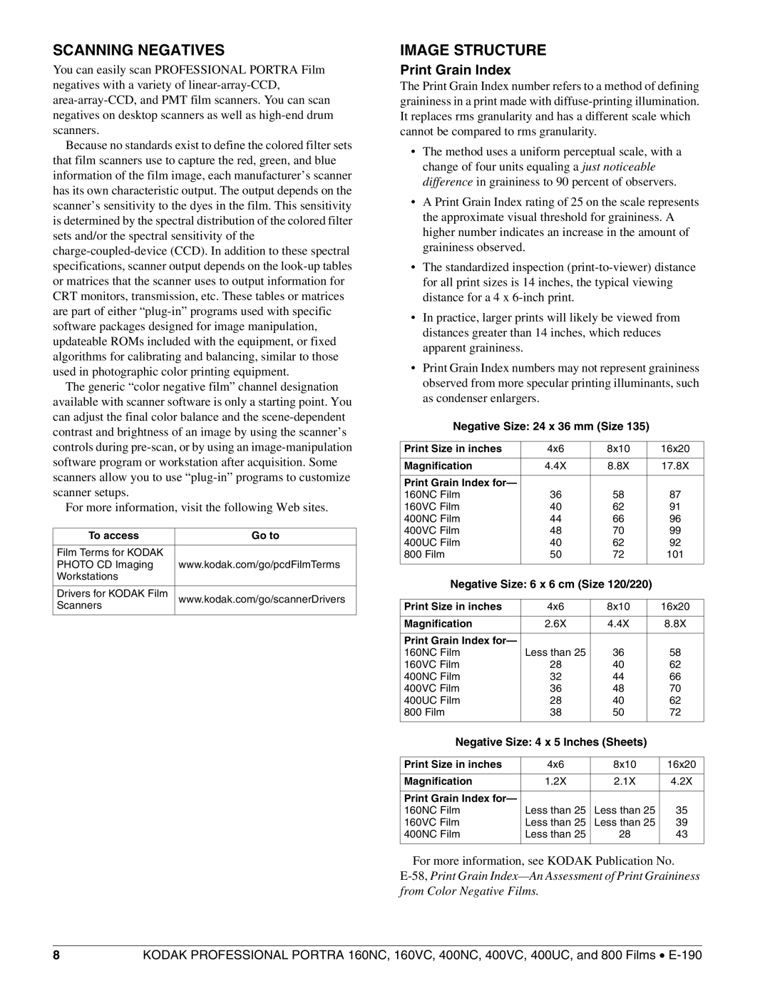 Kodak 400UC, 800, 400VC, 160NC, 400NC, 160VC manual Scanning Negatives, Image Structure, Print Grain Index 