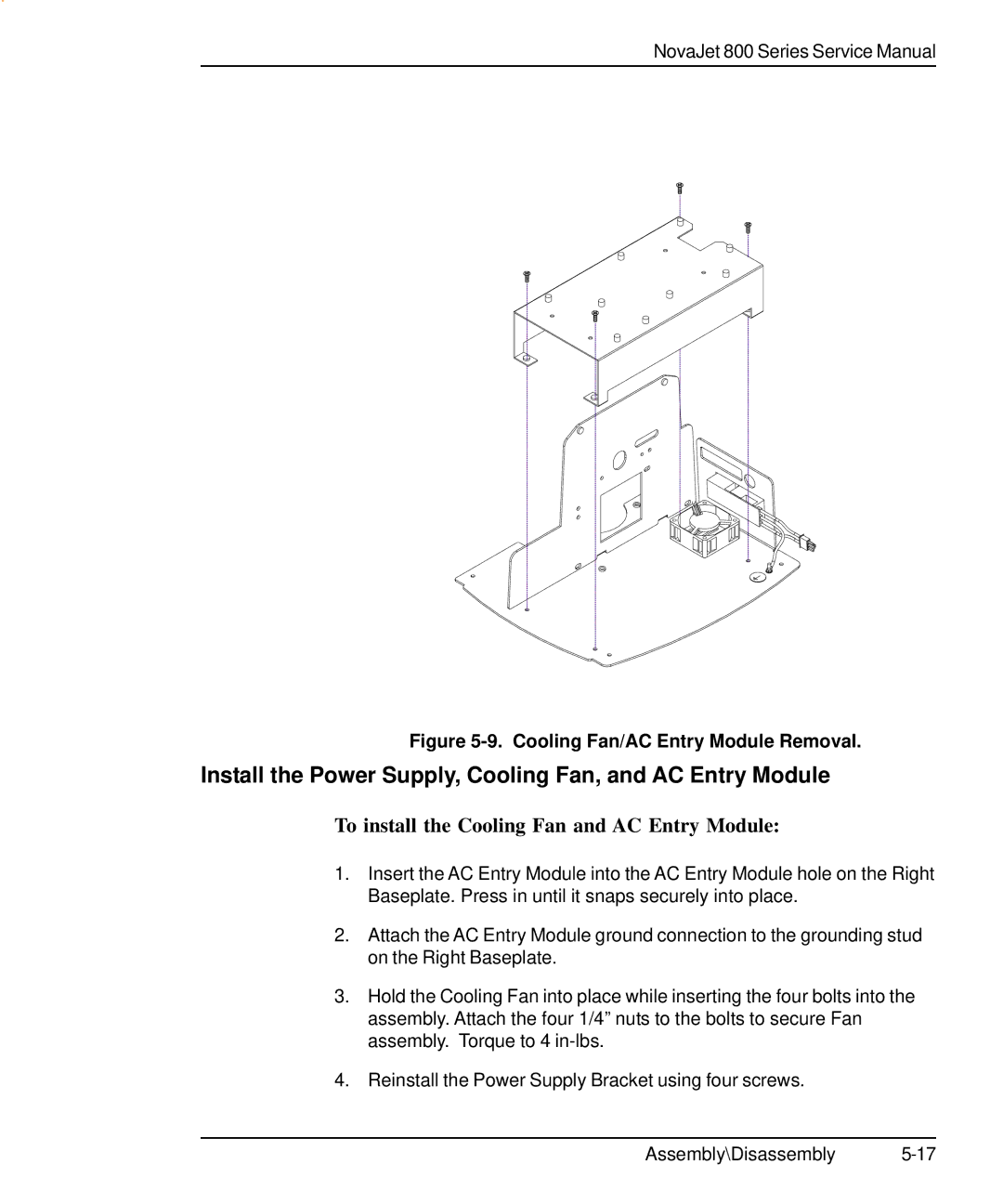 Kodak 800 SERIES service manual Install the Power Supply, Cooling Fan, and AC Entry Module 