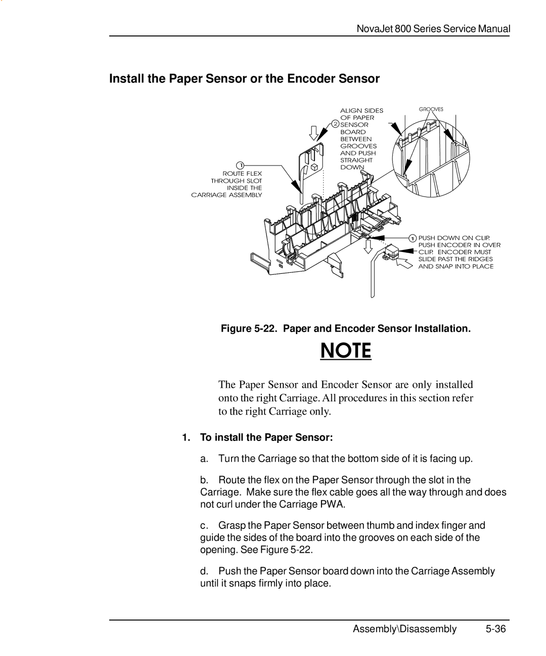 Kodak 800 SERIES service manual Install the Paper Sensor or the Encoder Sensor, To install the Paper Sensor 