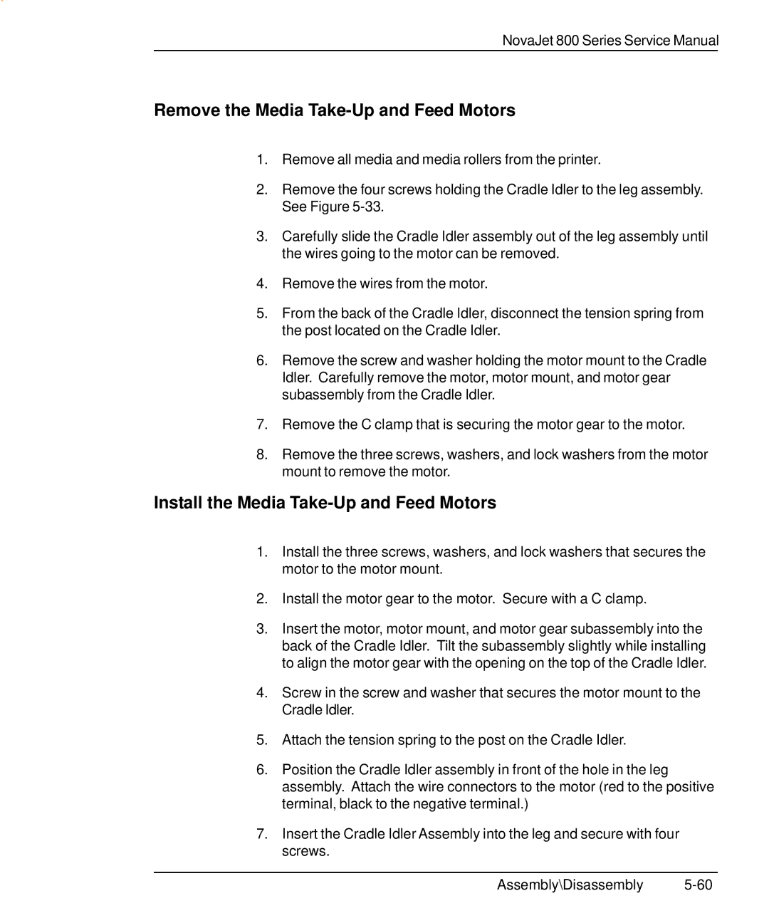 Kodak 800 SERIES service manual Remove the Media Take-Up and Feed Motors, Install the Media Take-Up and Feed Motors 