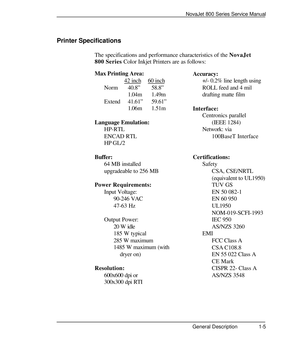 Kodak 800 SERIES service manual Printer Specifications 