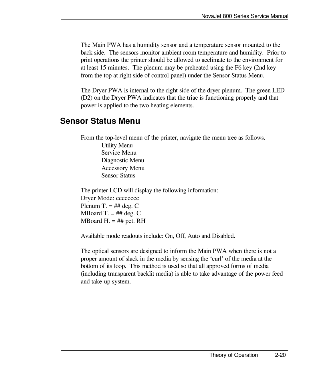 Kodak 800 SERIES service manual Sensor Status Menu 