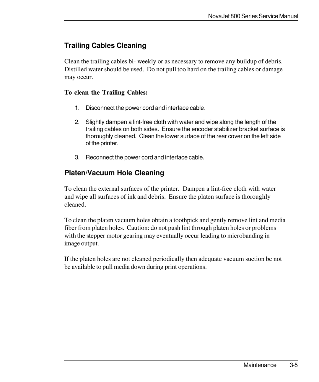 Kodak 800 SERIES service manual Trailing Cables Cleaning, Platen/Vacuum Hole Cleaning, To clean the Trailing Cables 