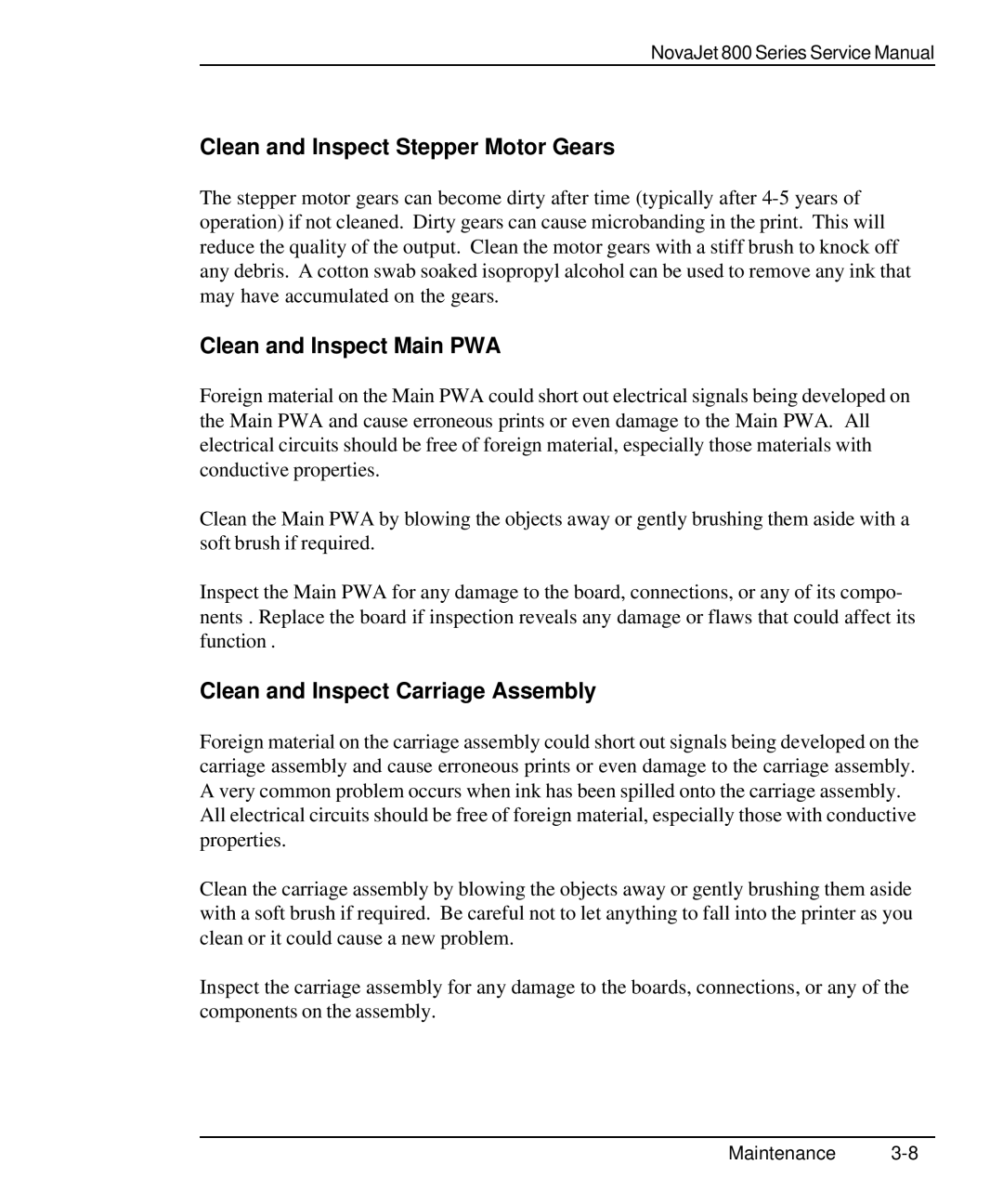 Kodak 800 SERIES Clean and Inspect Stepper Motor Gears, Clean and Inspect Main PWA, Clean and Inspect Carriage Assembly 