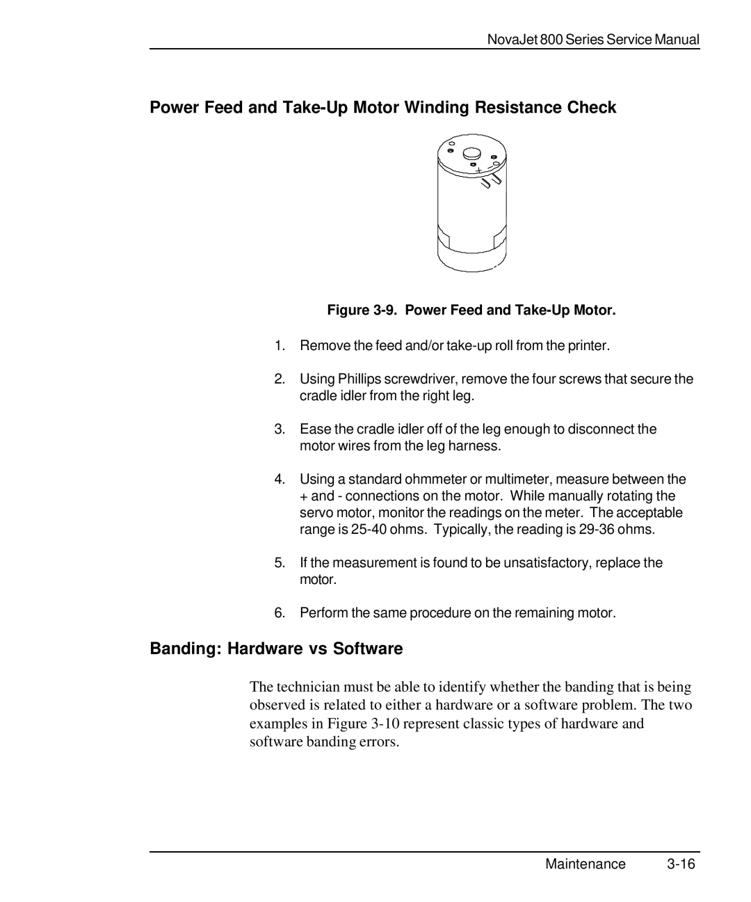 Kodak 800 SERIES service manual Power Feed and Take-Up Motor Winding Resistance Check, Banding Hardware vs Software 