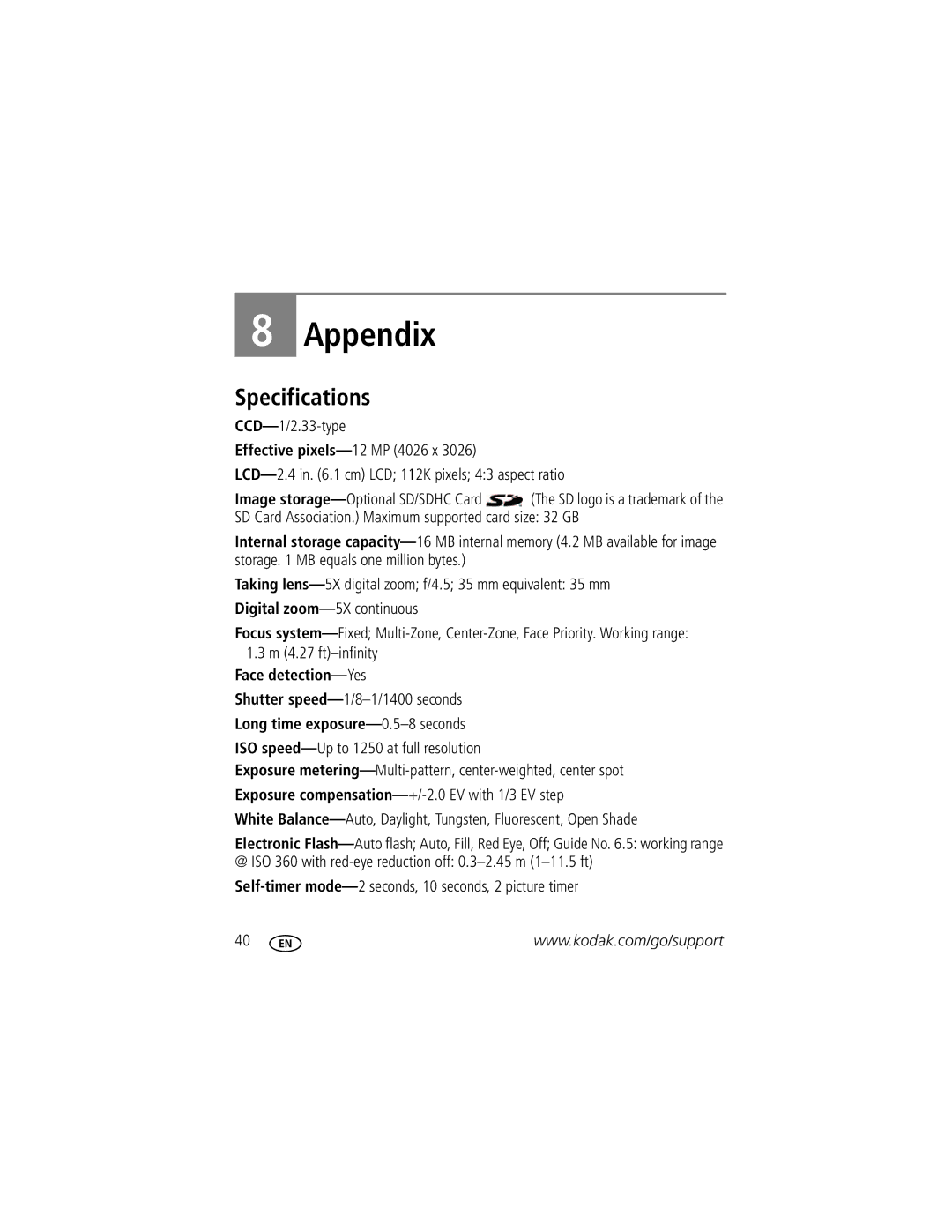 Kodak 8029340, 8668725 manual Appendix, Specifications 