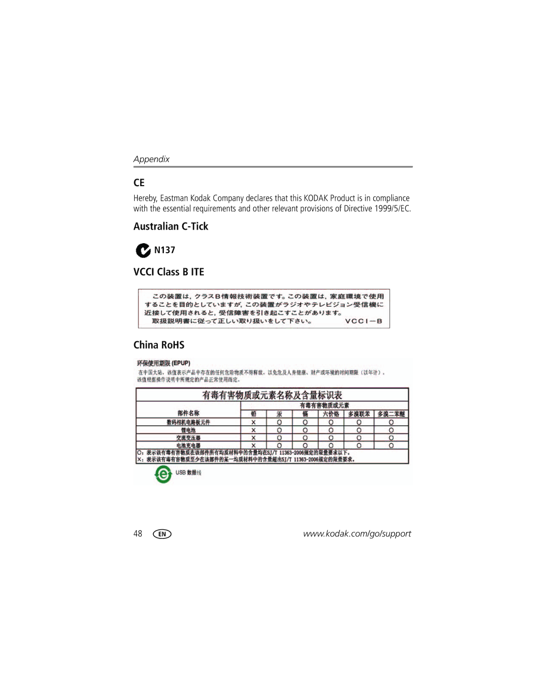 Kodak 8029340, 8668725 manual Australian C-Tick, Vcci Class B ITE China RoHS, N137 