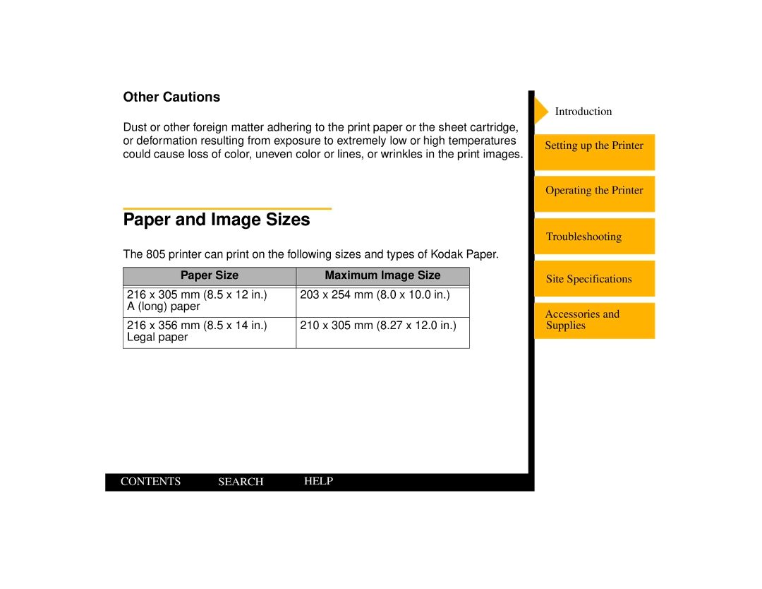 Kodak 805 manual Paper and Image Sizes, Other Cautions, Paper Size Maximum Image Size 