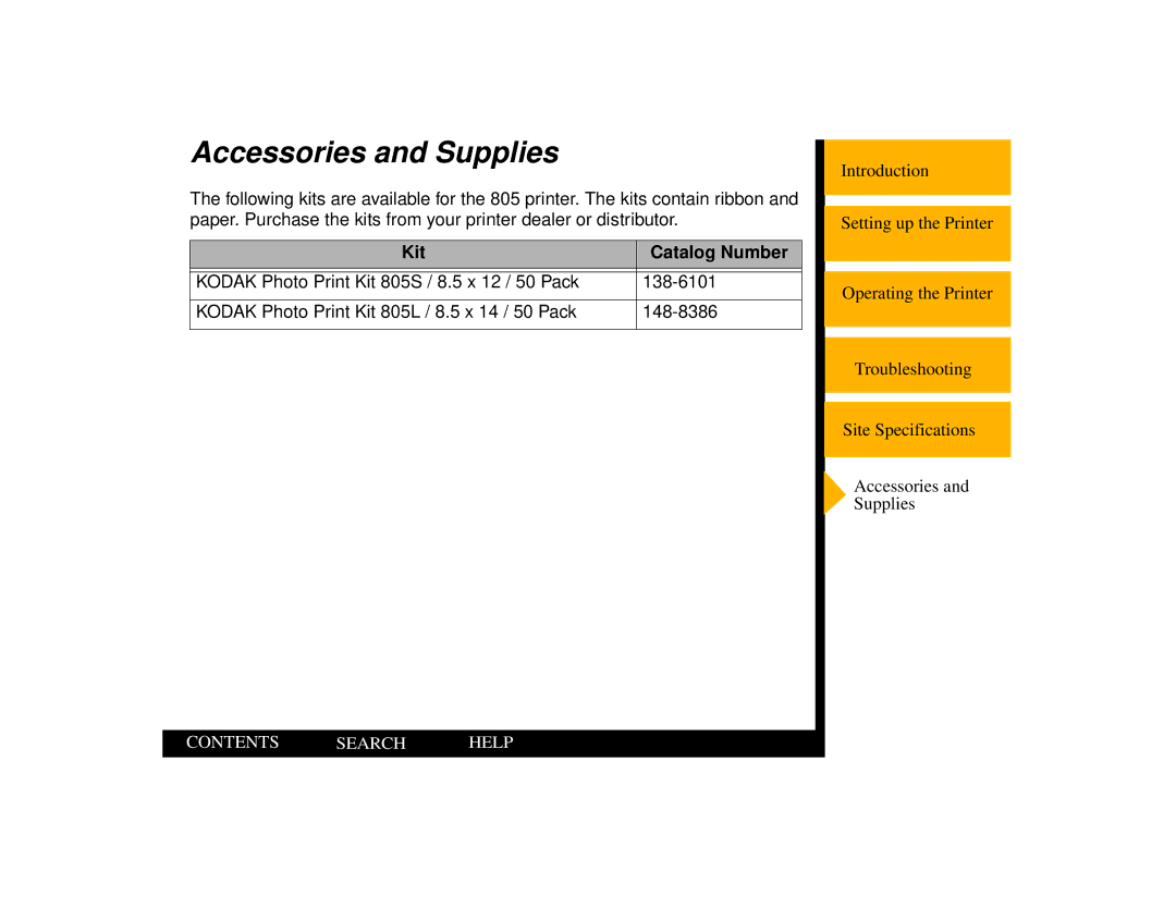 Kodak 805 manual Accessories and Supplies, Kit Catalog Number 