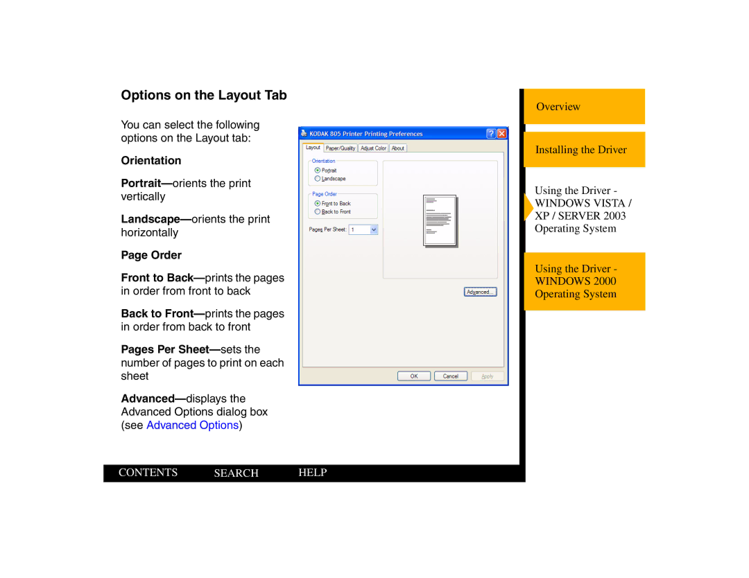 Kodak 805 manual Options on the Layout Tab, Orientation, Order 