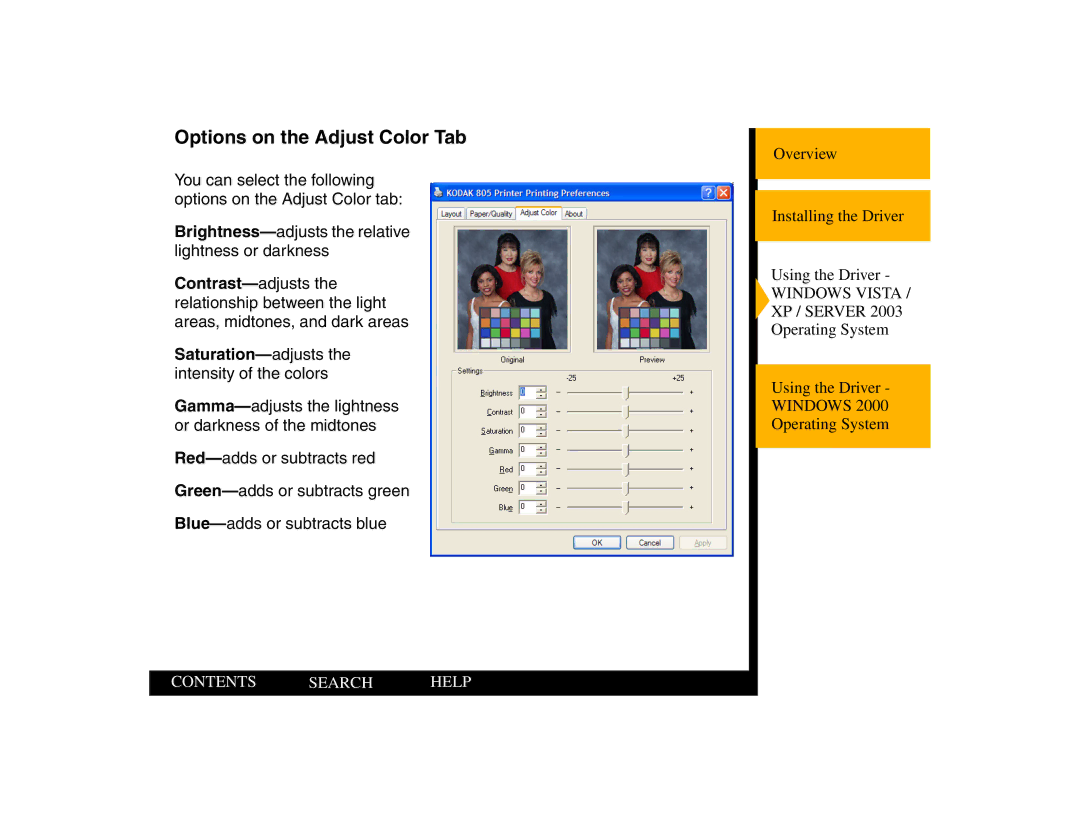 Kodak 805 manual Options on the Adjust Color Tab 