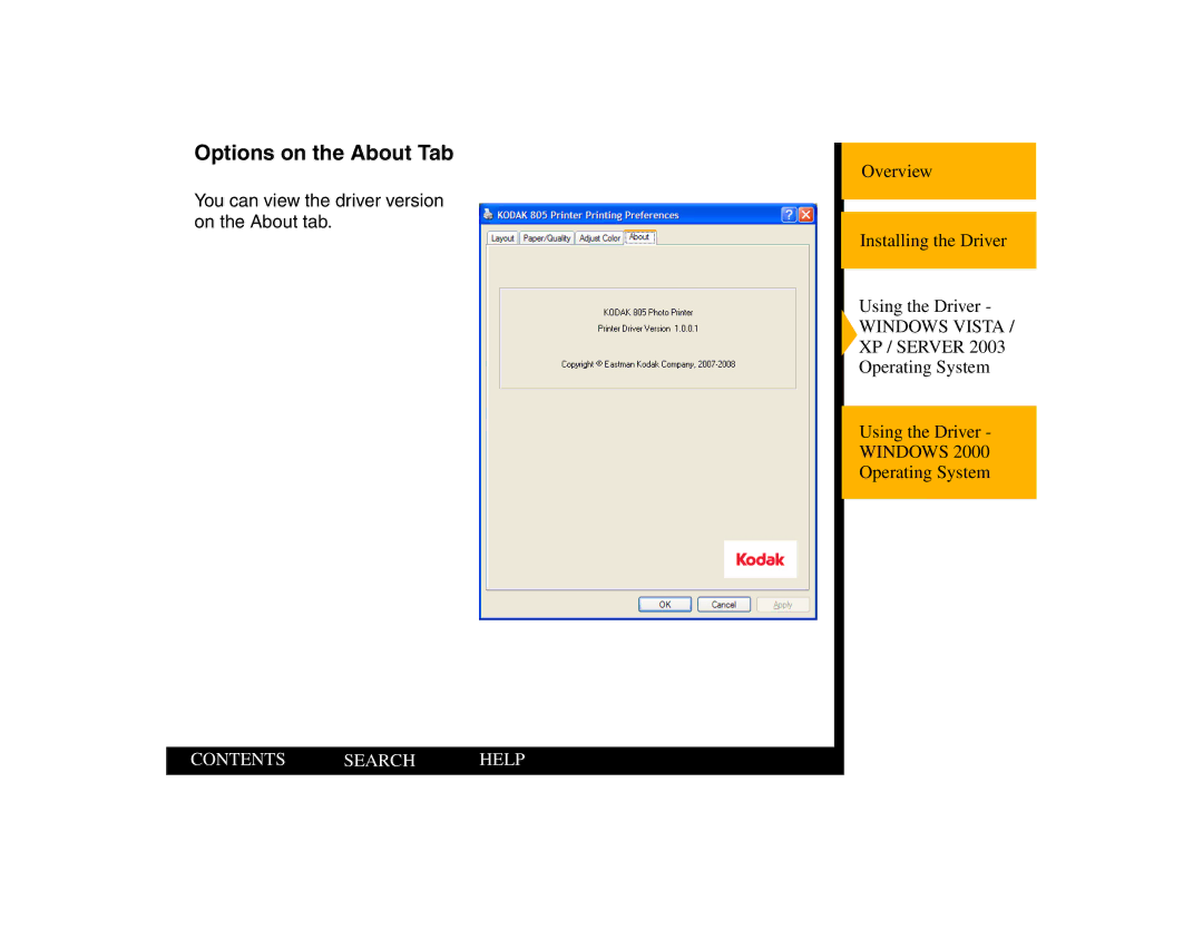 Kodak 805 manual Options on the About Tab, You can view the driver version on the About tab 