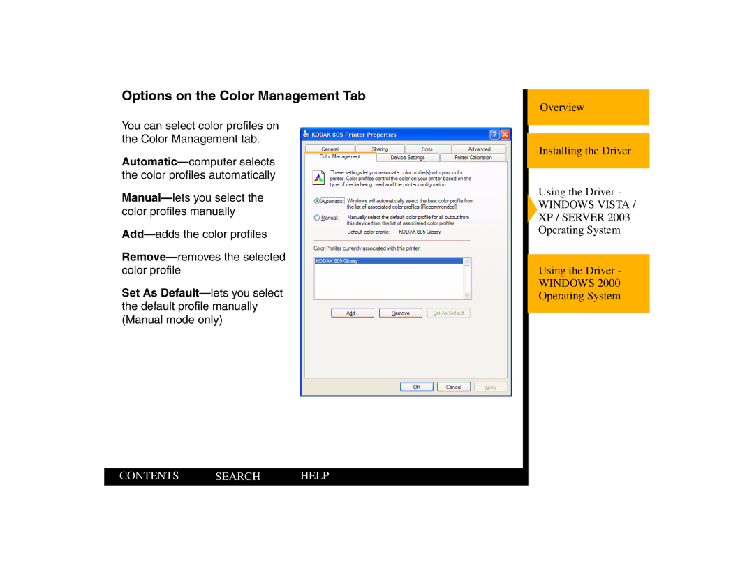 Kodak 805 manual Options on the Color Management Tab 