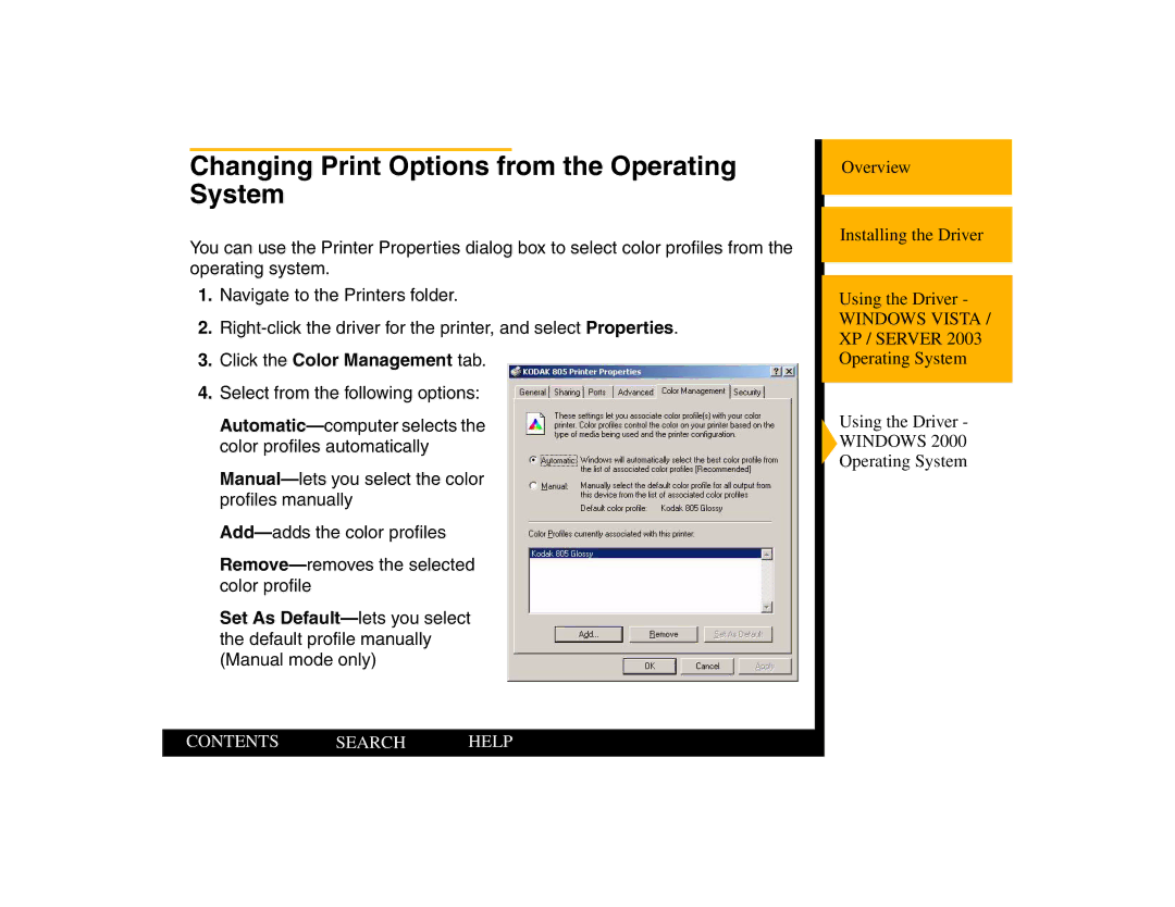 Kodak 805 manual Changing Print Options from the Operating System, Click the Color Management tab 