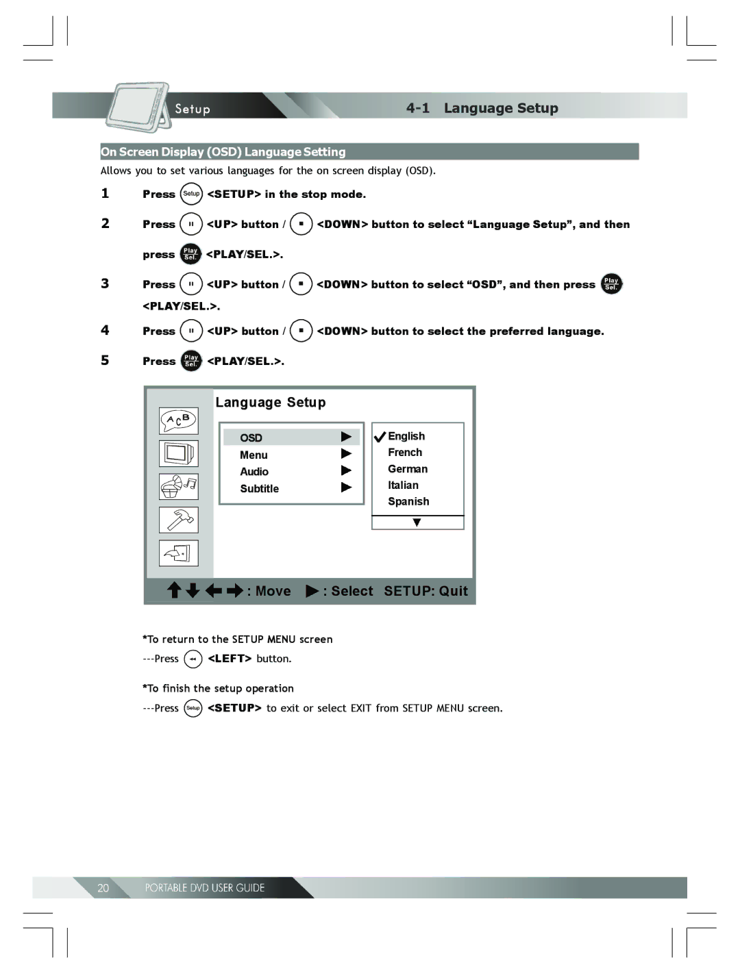 Kodak 82-184-00170 manual Language Setup, On Screen Display OSD Language Setting, To return to the Setup Menu screen 