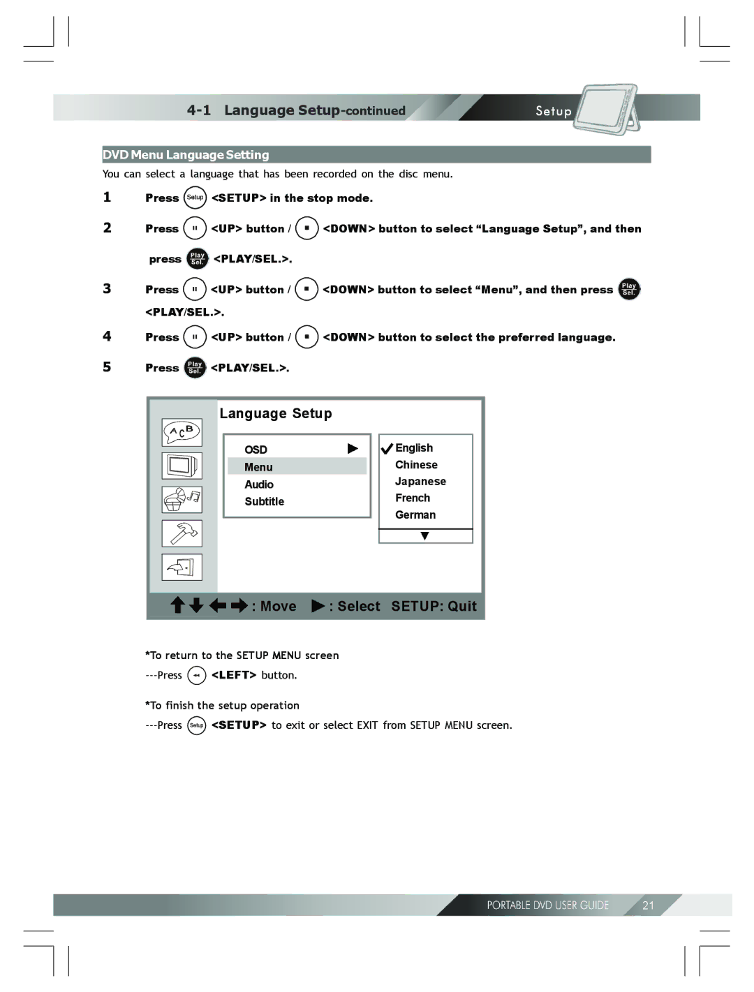 Kodak 82-184-00170 manual DVD Menu Language Setting, English, Menu Chinese Audio, Subtitle French German 