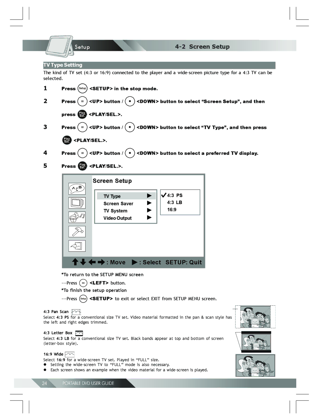 Kodak 82-184-00170 manual Screen Setup, TV Type Setting, TV Type 43 PS Screen Saver 43 LB TV System 169 Video Output 