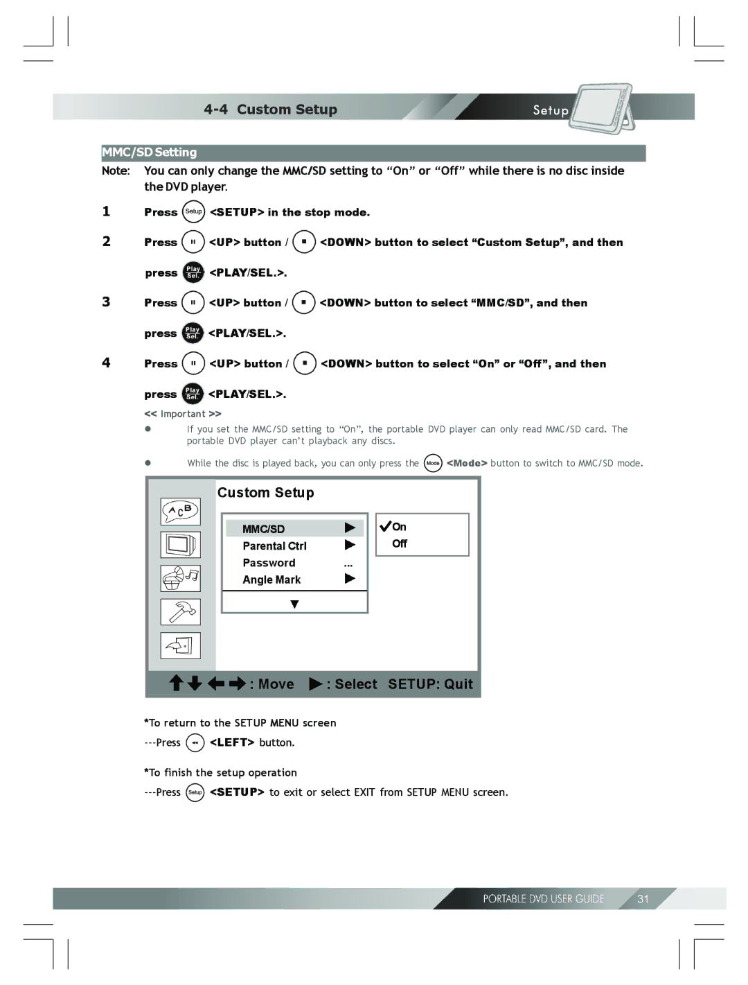 Kodak 82-184-00170 manual Custom Setup, MMC/SD Setting, Parental Ctrl, Password Angle Mark 