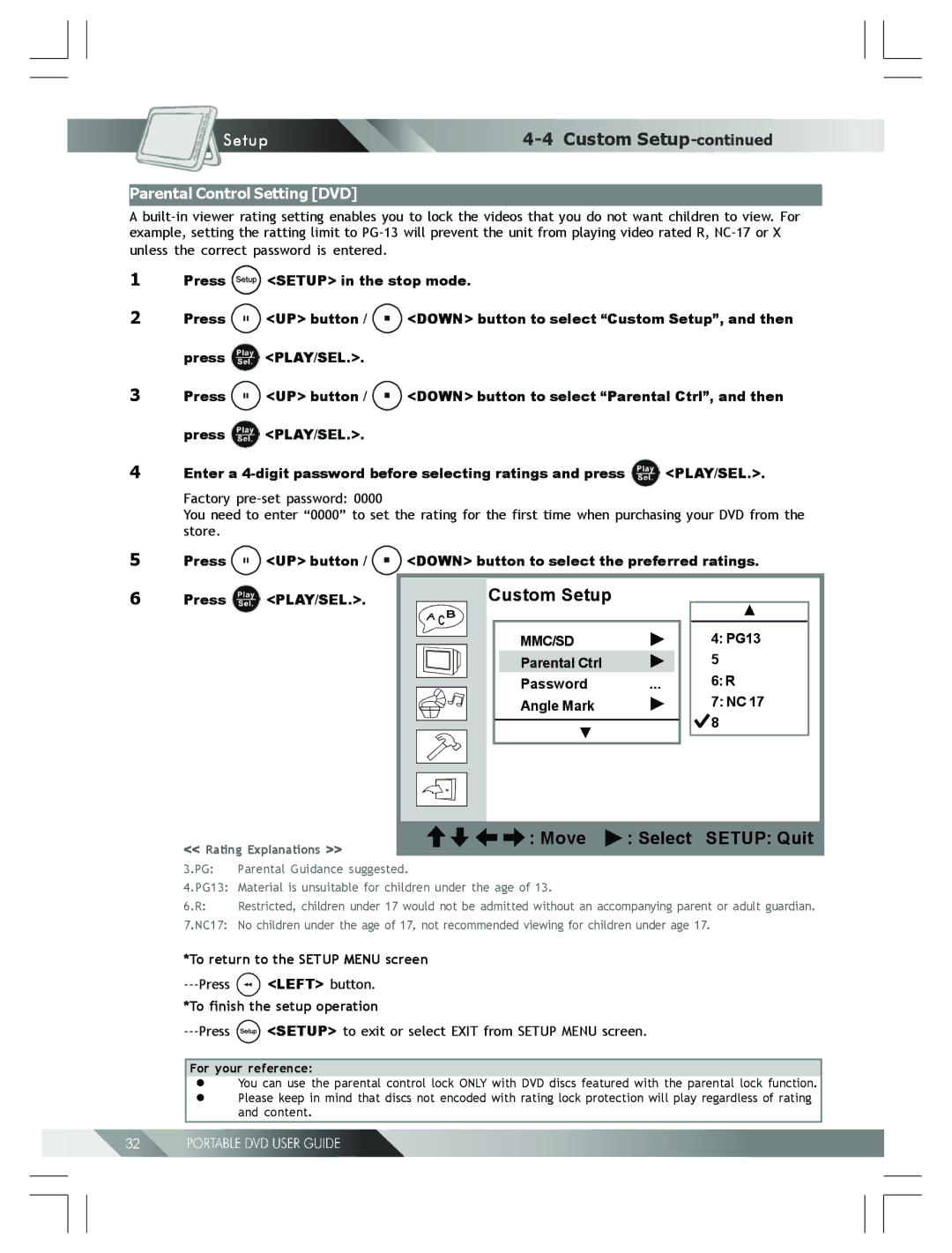 Kodak 82-184-00170 manual Parental Control Setting DVD, Factory pre-set password, Store 