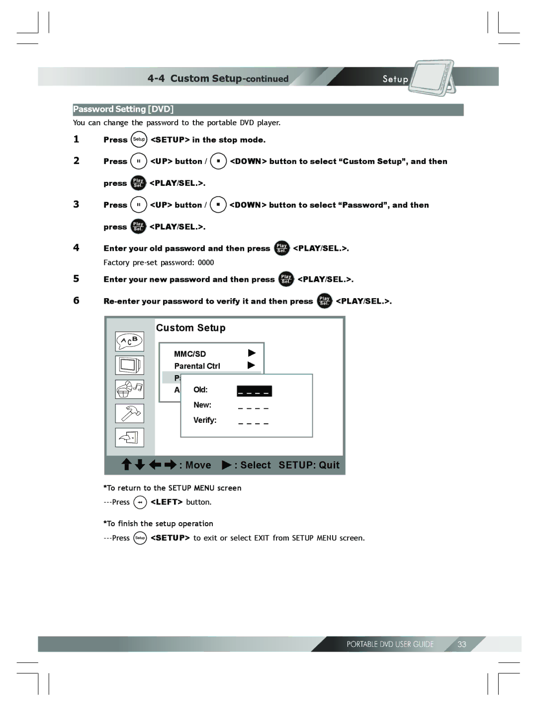 Kodak 82-184-00170 manual Password Setting DVD, Parental Ctrl Old New Verify 