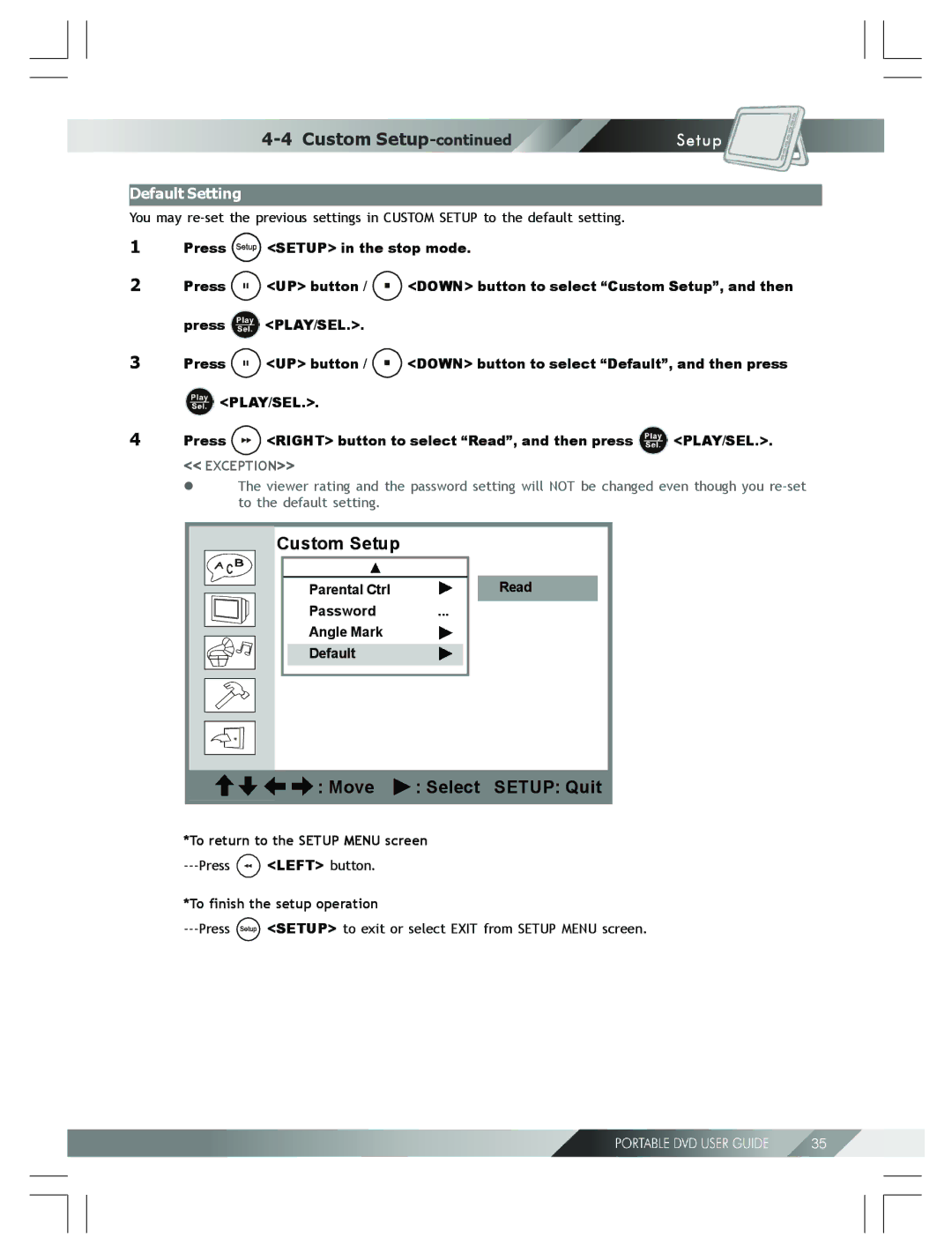 Kodak 82-184-00170 manual Default Setting, Parental Ctrl Read Password Angle Mark Default 