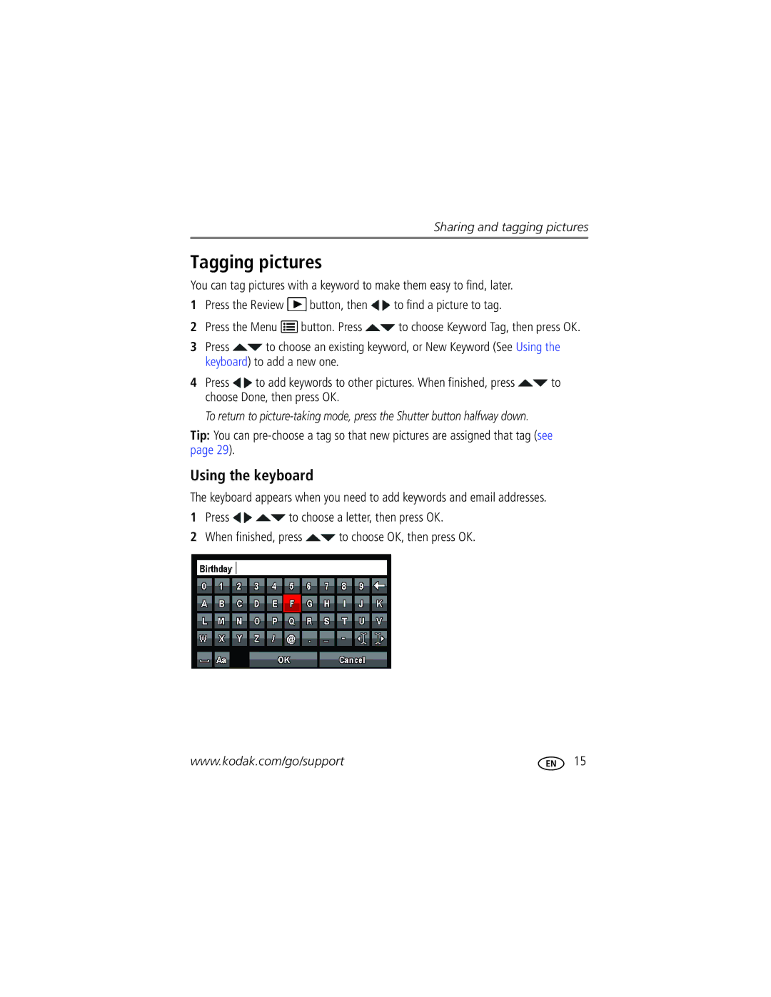 Kodak 8561326, 8407B001, 1845346, C142 manual Tagging pictures, Using the keyboard 