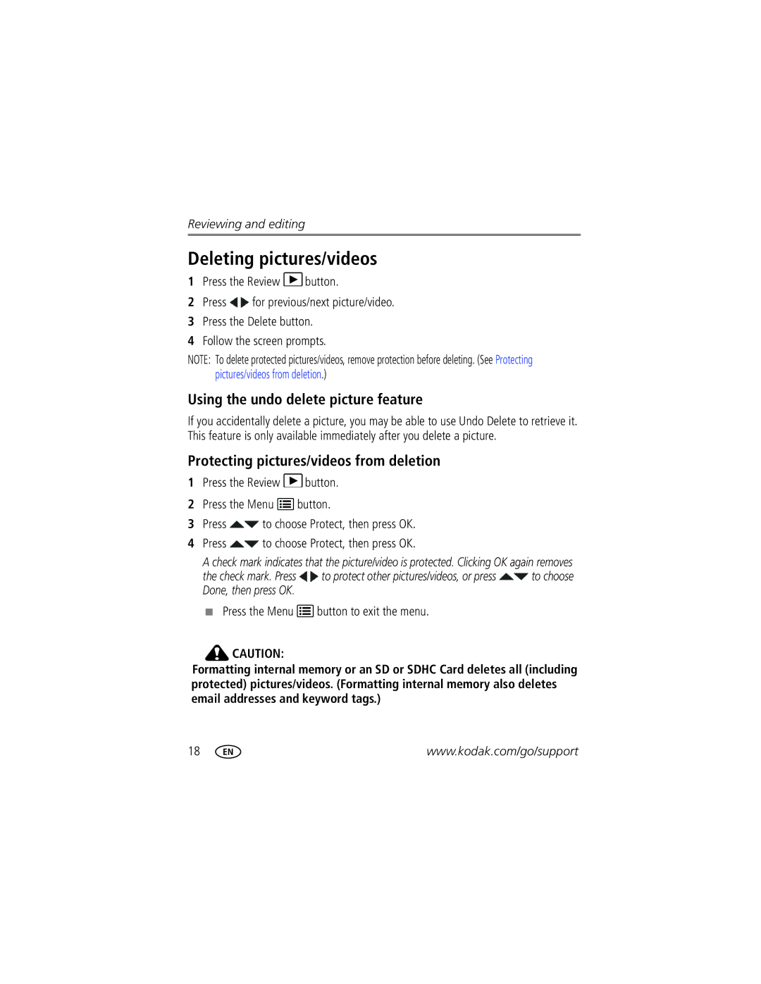 Kodak 8407B001 Deleting pictures/videos, Using the undo delete picture feature, Protecting pictures/videos from deletion 