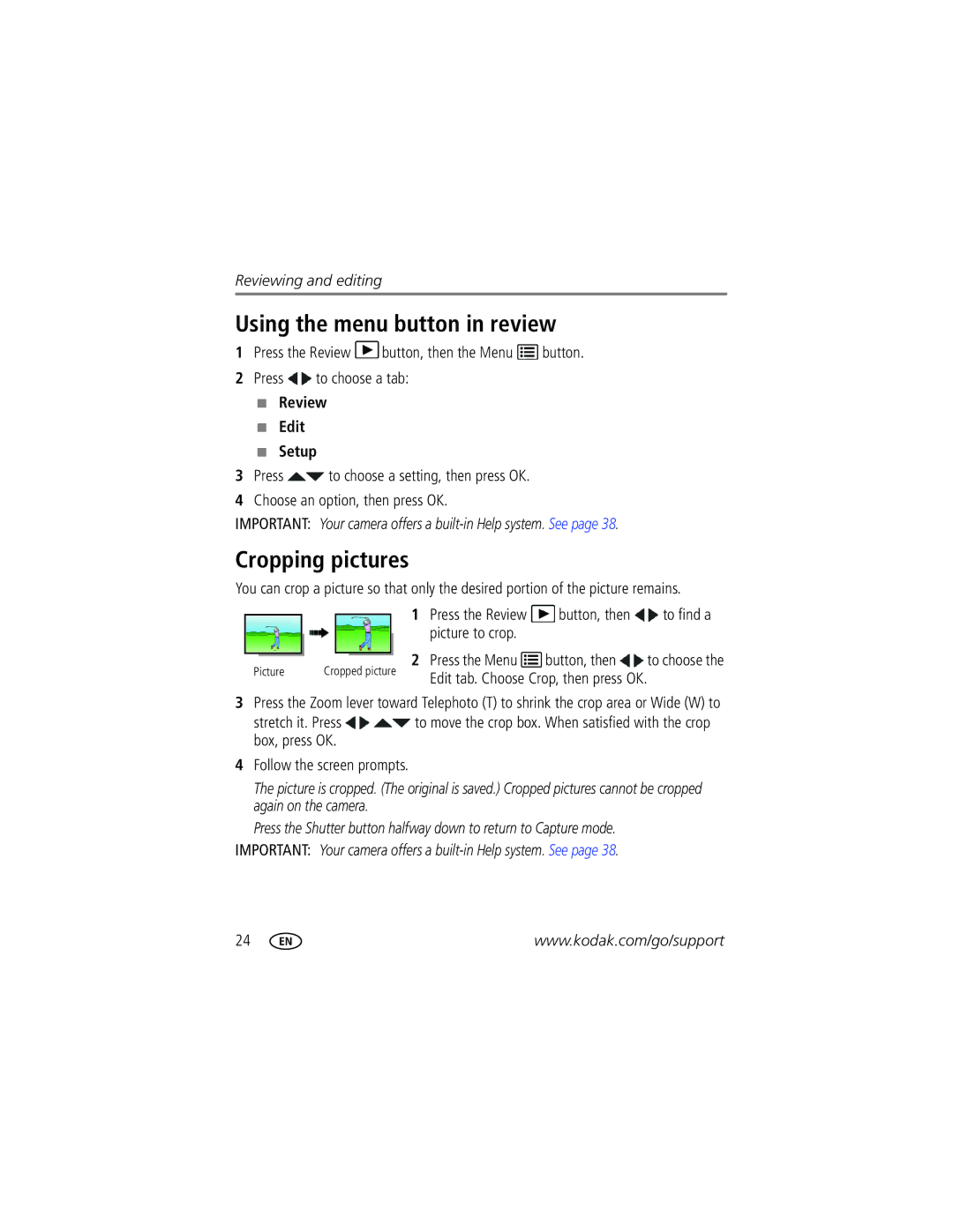 Kodak 1845346, 8407B001, 8561326, C142 manual Using the menu button in review, Cropping pictures, Review Edit Setup 