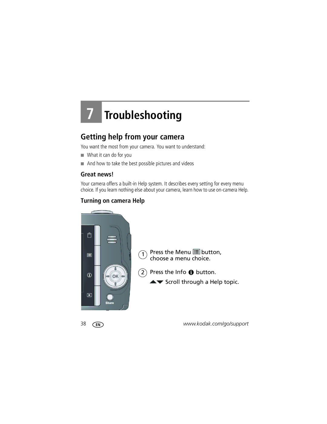 Kodak 8407B001, 8561326, 1845346, C142 manual Getting help from your camera, Great news, Turning on camera Help 