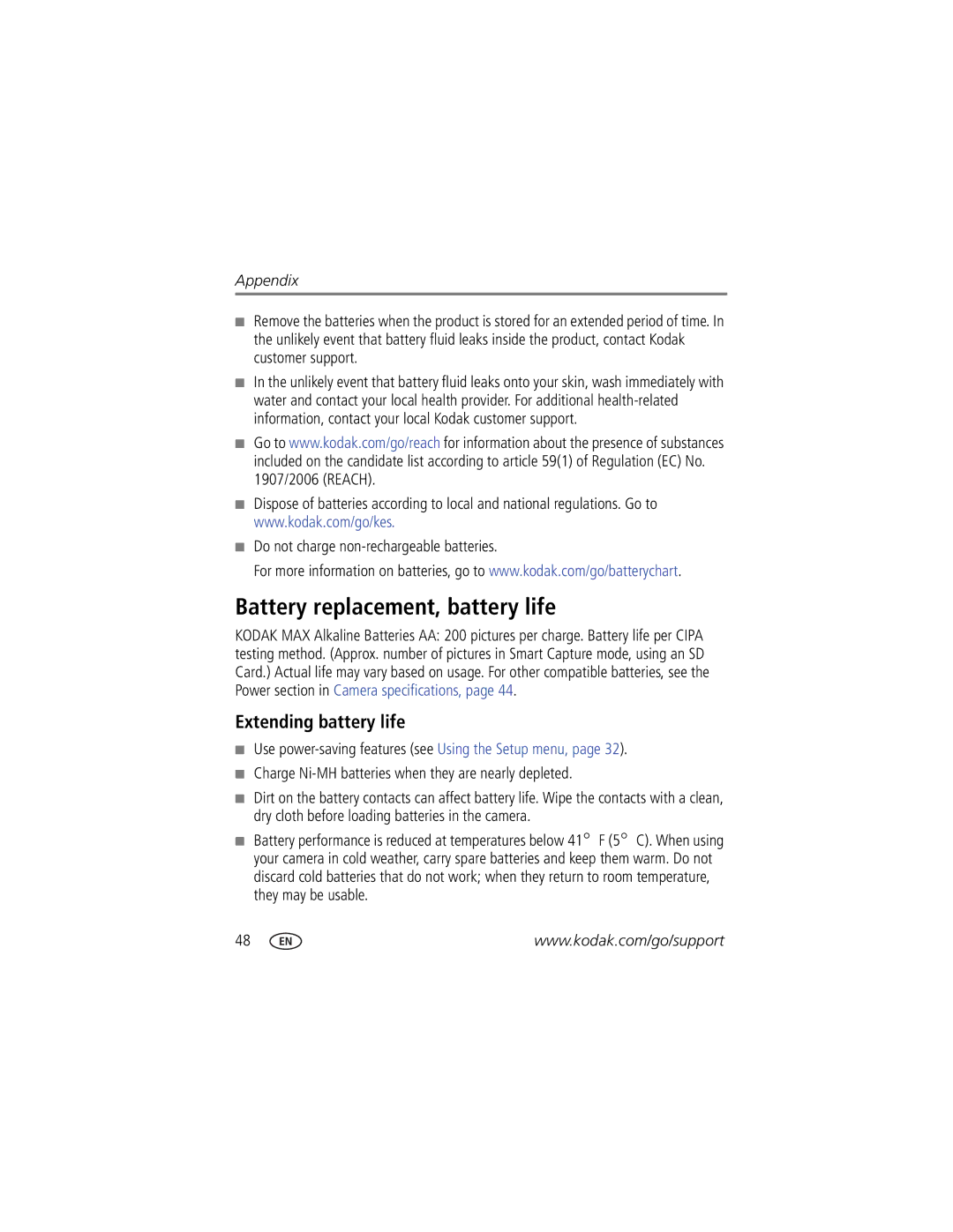 Kodak 1845346, 8561326 Battery replacement, battery life, Extending battery life, Do not charge non-rechargeable batteries 