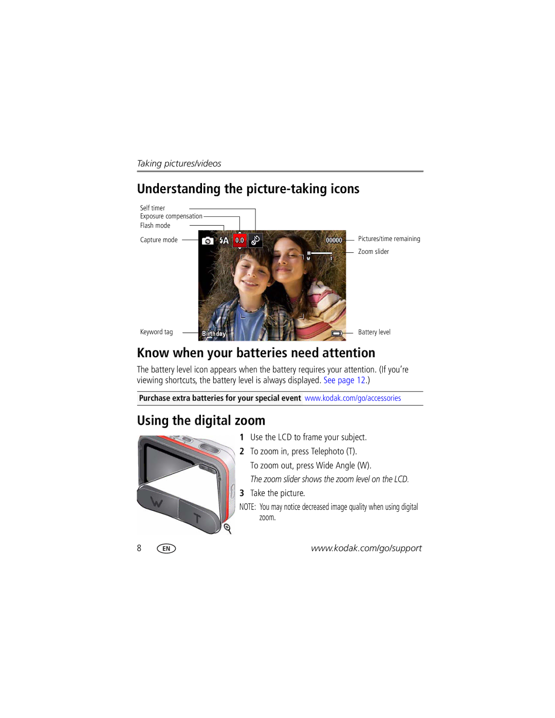 Kodak C123 manual Understanding the picture-taking icons, Know when your batteries need attention, Using the digital zoom 
