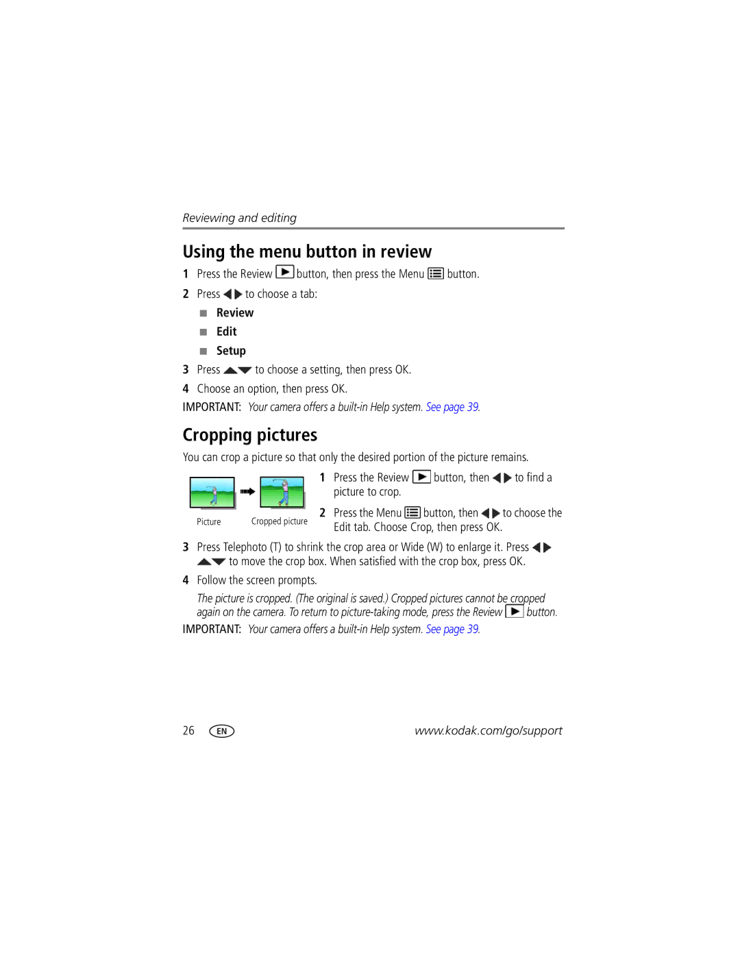 Kodak 8431504, 1564194, C123, 1500628 manual Using the menu button in review, Cropping pictures, Review Edit Setup 