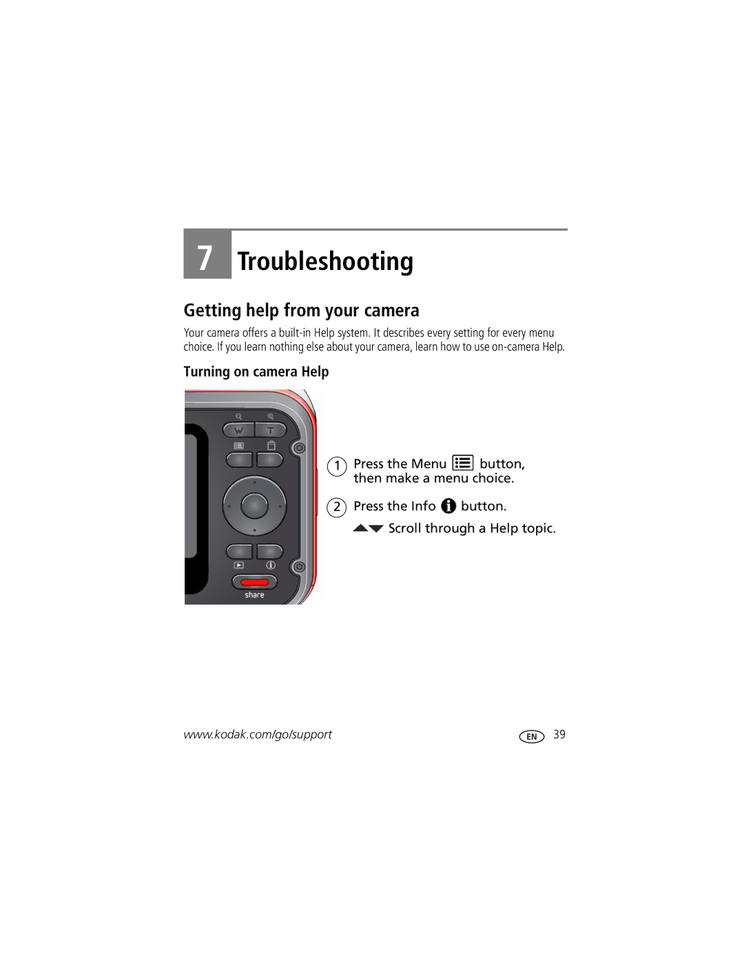 Kodak 1564194, 8431504, C123, 1500628 manual Troubleshooting, Getting help from your camera, Turning on camera Help 