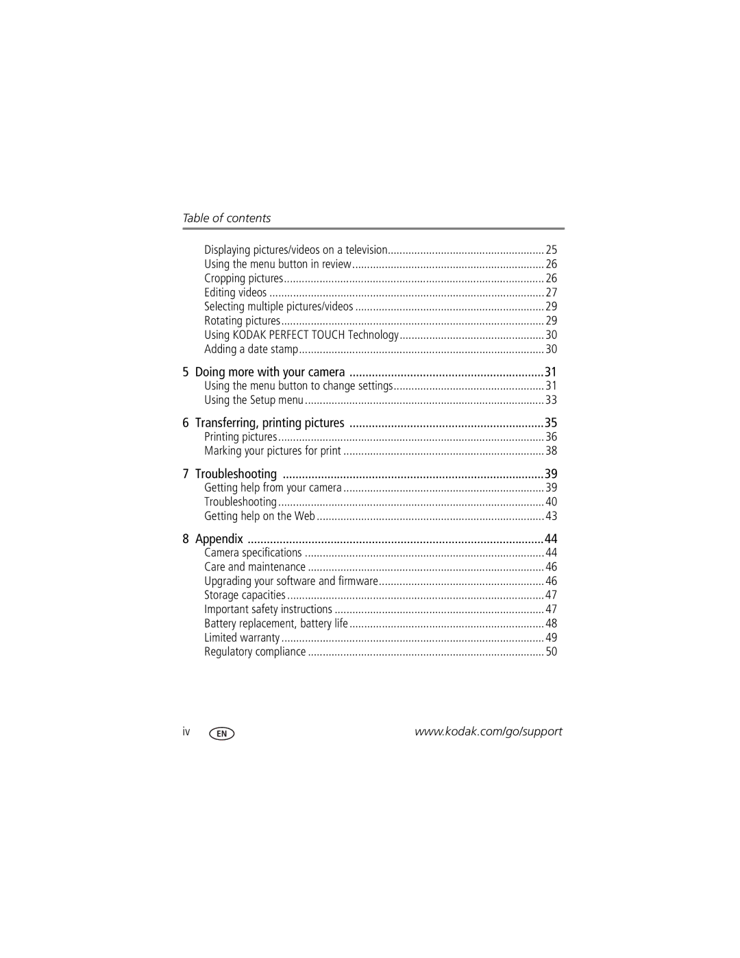 Kodak C123, 8431504, 1564194, 1500628 manual Table of contents 