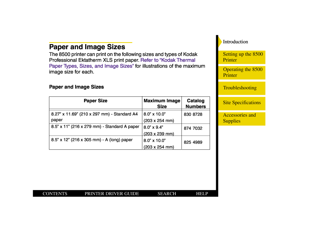 Kodak 8500 manual Paper and Image Sizes 