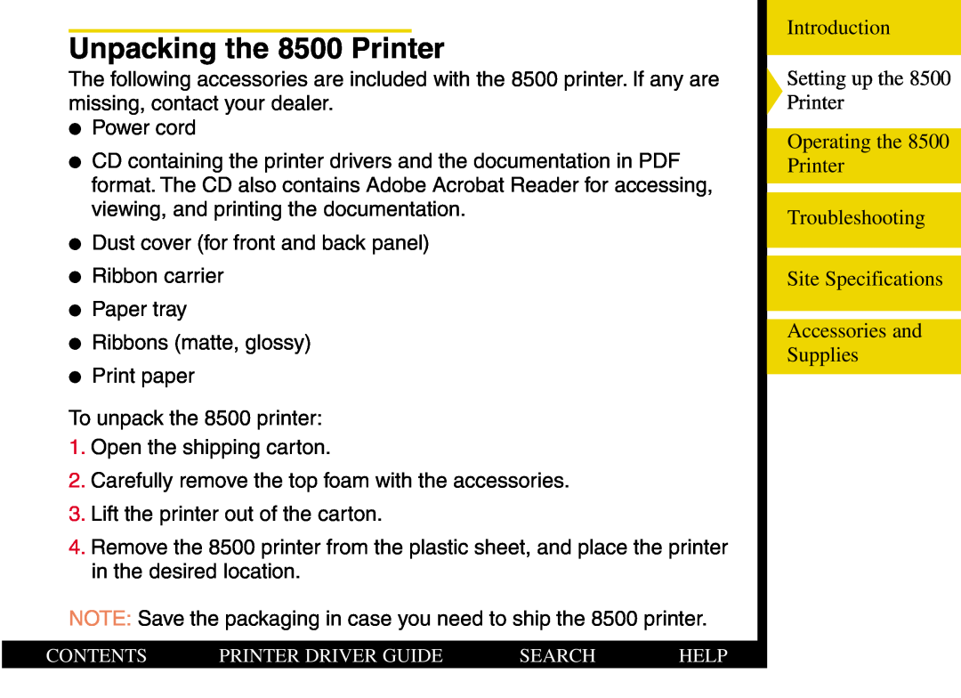 Kodak manual Unpacking the 8500 Printer 
