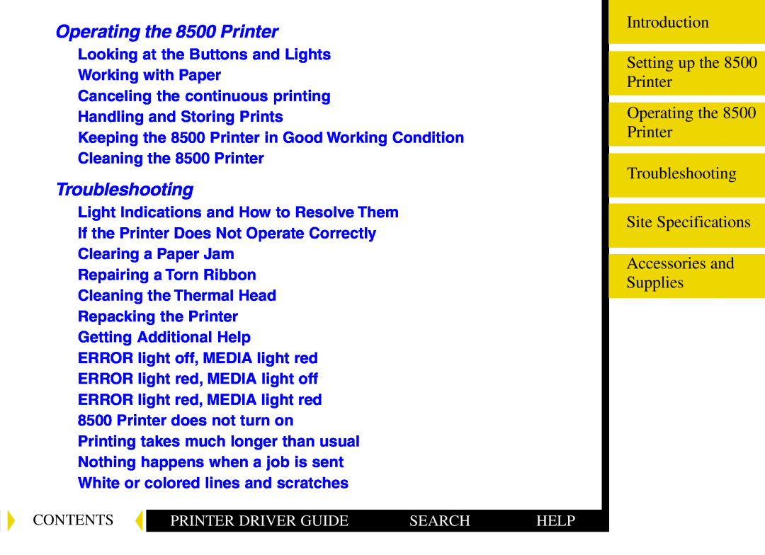 Kodak Operating the 8500 Printer, Troubleshooting, Introduction Setting up the Printer Operating the Printer, Contents 