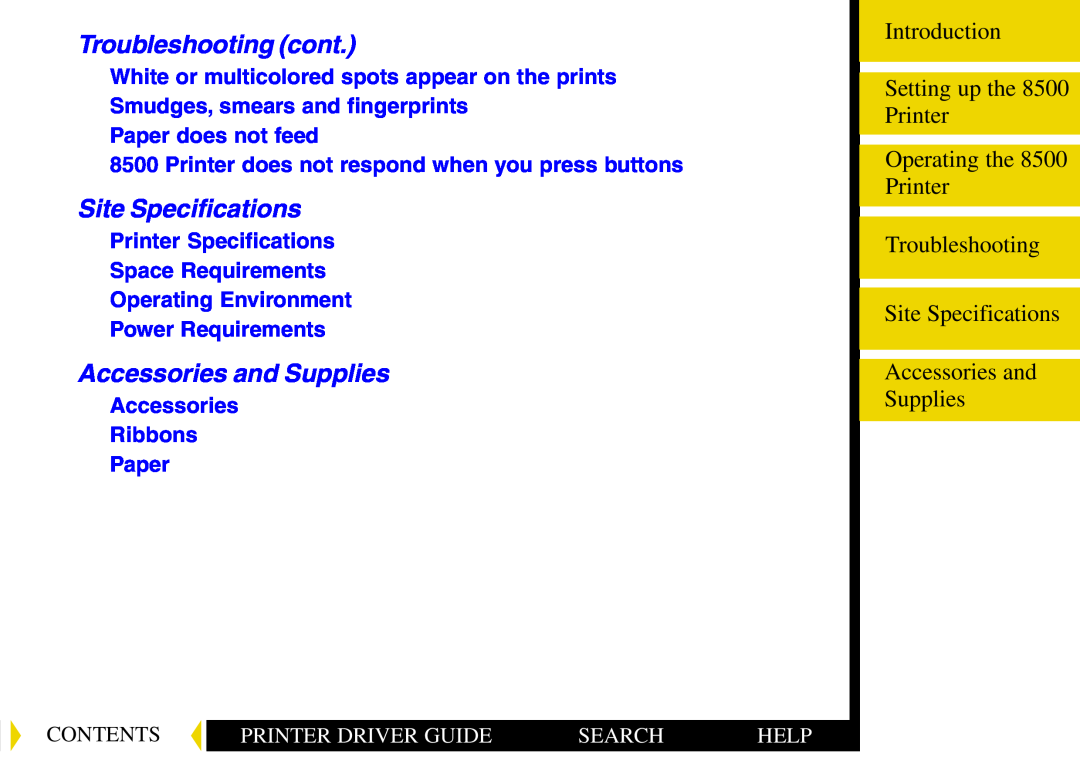 Kodak 8500 Troubleshooting cont, Site Specifications, Accessories and Supplies, Contents, Printer Driver Guide, Search 