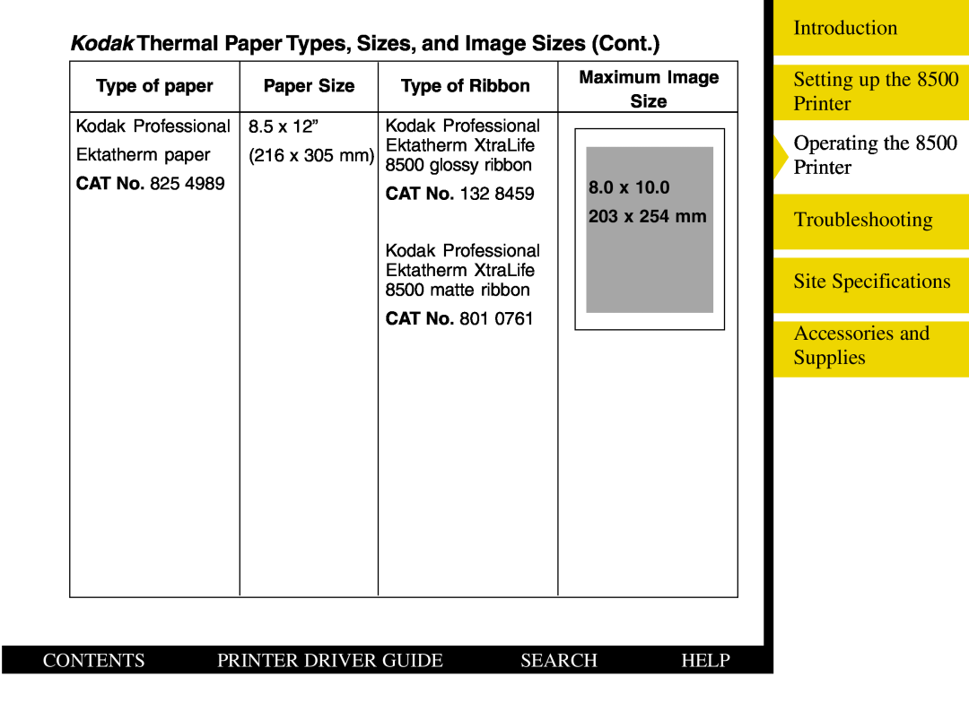 Kodak 8500 manual Kodak Thermal Paper Types, Sizes, and Image Sizes Cont, Contents, Printer Driver Guide, Search, Help 