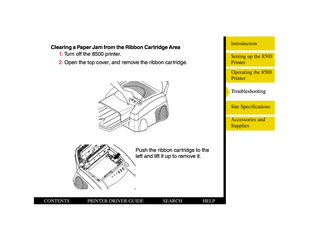 Kodak 8500 manual Clearing a Paper Jam from the Ribbon Cartridge Area, Contents, Printer Driver Guide, Search, Help 