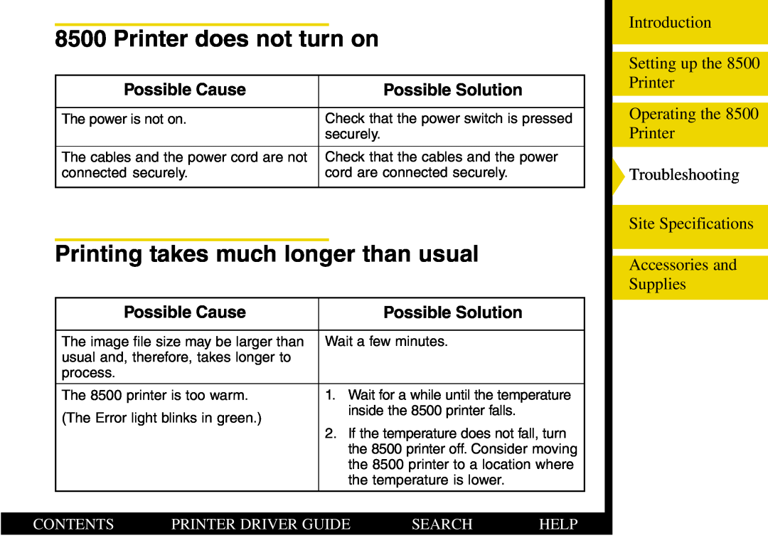 Kodak 8500 Printer does not turn on, Printing takes much longer than usual, Possible Cause, Possible Solution, Contents 