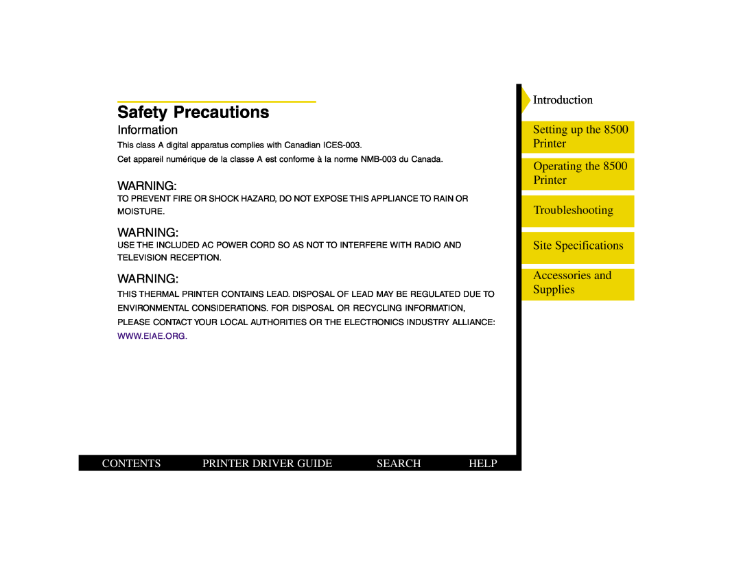 Kodak Safety Precautions, Introduction Setting up the 8500 Printer Operating the 8500 Printer, Contents, Search, Help 