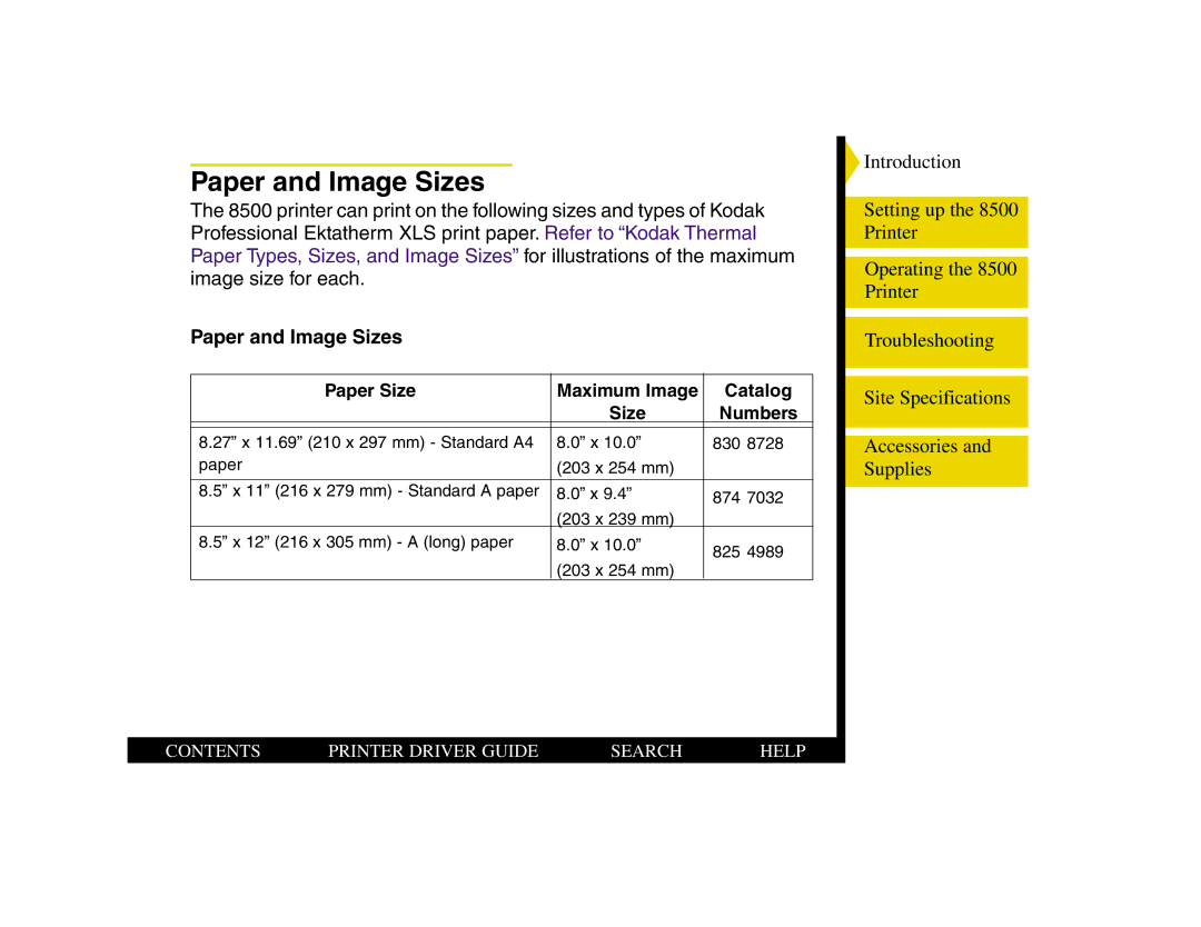 Kodak 8500 manual Paper and Image Sizes 