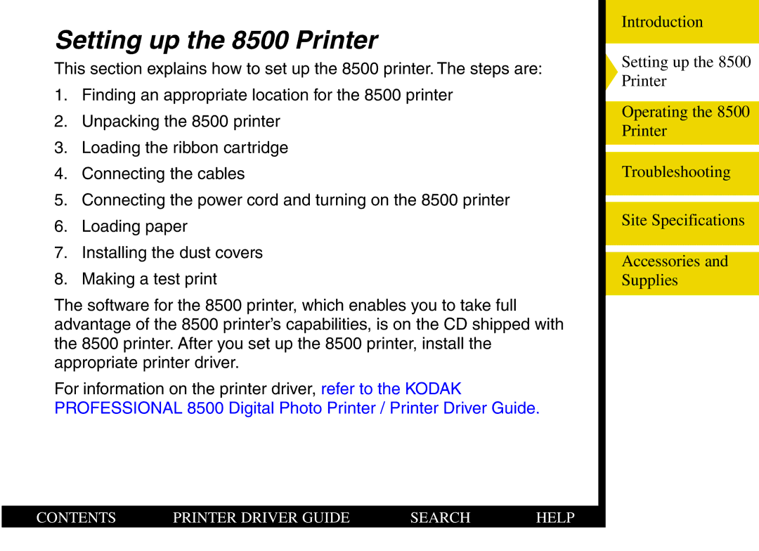 Kodak manual Setting up the 8500 Printer 