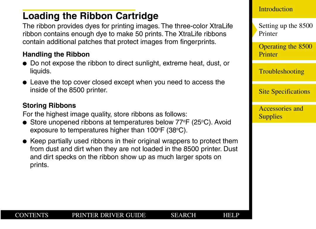 Kodak 8500 manual Loading the Ribbon Cartridge, Handling the Ribbon, Storing Ribbons 