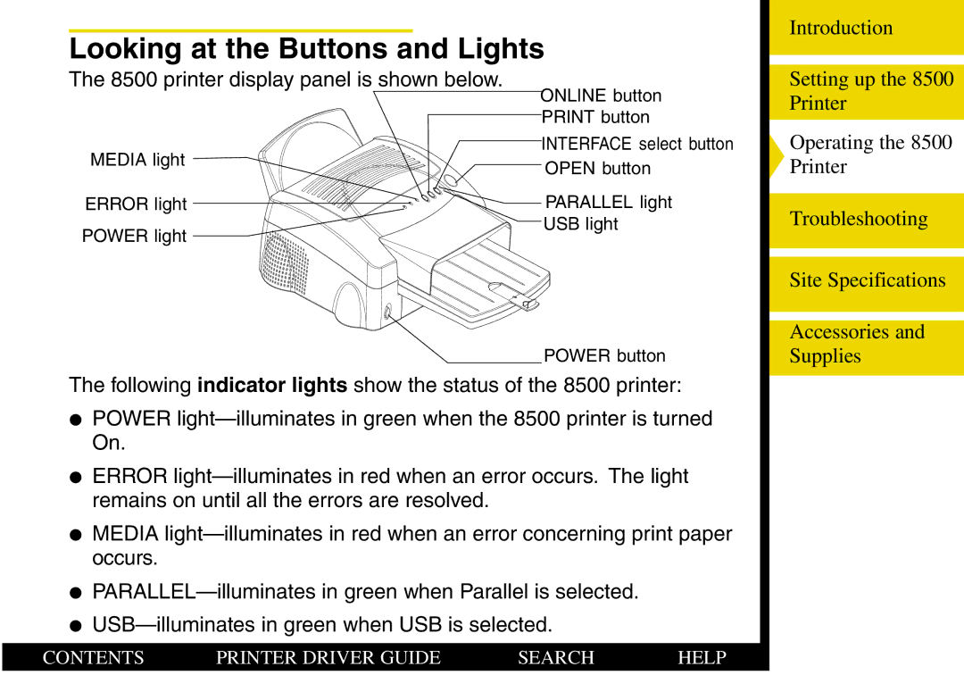 Kodak 8500 manual Looking at the Buttons and Lights, printer display panel is shown below 