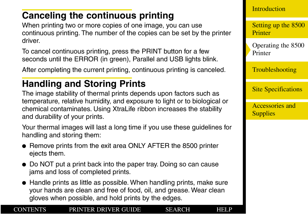 Kodak 8500 manual Canceling the continuous printing, Handling and Storing Prints 