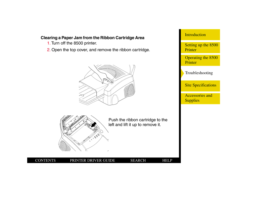 Kodak 8500 manual Clearing a Paper Jam from the Ribbon Cartridge Area 