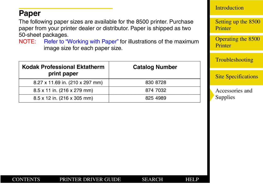 Kodak 8500 manual Paper, Kodak Professional Ektatherm Catalog Number Print paper 