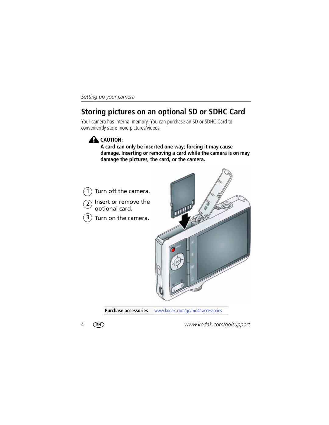 Kodak 8610982 manual Storing pictures on an optional SD or Sdhc Card 